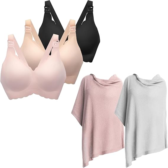 3pk Nursing Bras for Breastfeeding and 2pk Nursing Cover for Breastfeeding