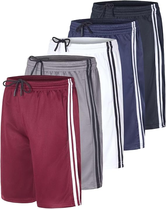 Real Essentials 5 Pack: Boys' Athletic Basketball Sports Shorts Pockets - Quick Dry Youth Teens Kids Gym (4-18 Years)