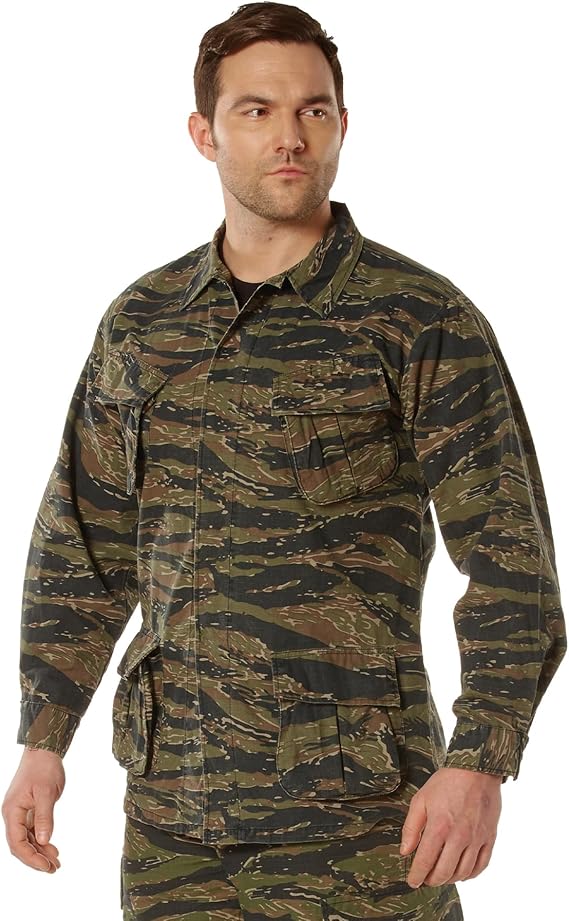 Vintage Tiger Stripe R/s Vietnam Fatigue Shirt, Small Regular | Mens Lightweight Breathable Cotton Utility BDU Cargo Casual Top
