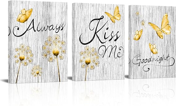 Visual Art Decor Yellow Picture for Bedroom Decor Rustic Yellow Butterfly Always Kiss Me Goodnight Sweat Words Picture Framed Artwork Bedroom Decoration