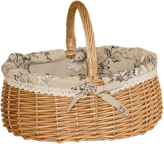 Wicker Picnic Basket Set for Wooden Lids & Handles, Country Style Picnic Hamper with Cutlery Service Kits - Flatware Set, Storage Basket W/Lining for Camping