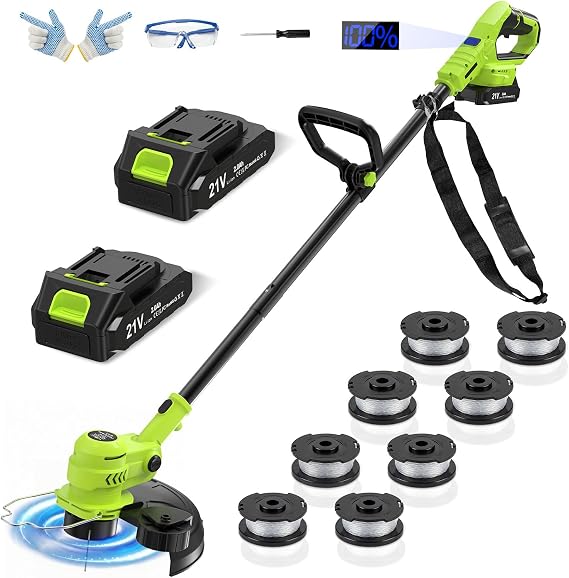 21V Battery Weed Eater & String Trimmer, Lightweight 2-in-1 Electric Weed Wacker, Wheeled Edger with 2X 2.0Ah Batteries & Charger, 12-inch Auto Line Feed, 90 Adjustable Head & 8 Spools