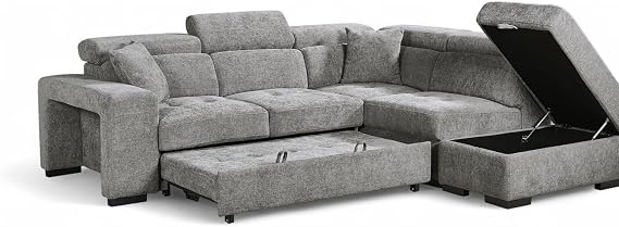 Chenille Grey L Shaped Corner Sofa Bed with Storage Ottoman, Adjustable Headrests and 2x Foot Stools - Durable Fabric Modular Sectional Pull Out Sofa