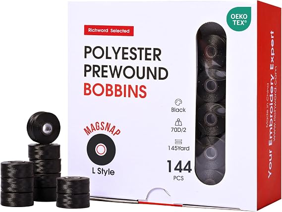 Poolin Magsnap Prewound Bobbins, Style L (SA155), 144pcs Black, 60WT Richword Selected Polyester Bobbin Thread for Commercial Multi-Needle Embroidery Machines