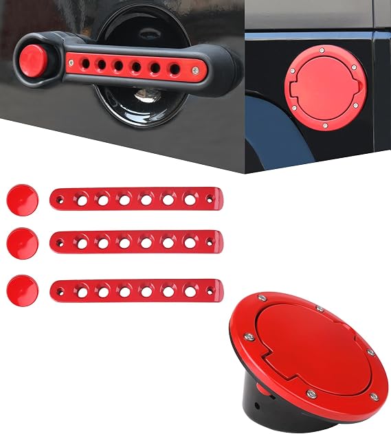 Red Gas Cap Cover + Door Handle Inserts with Push Button Covers for 2007-2017 Jeep Wrangler JK 2-Door