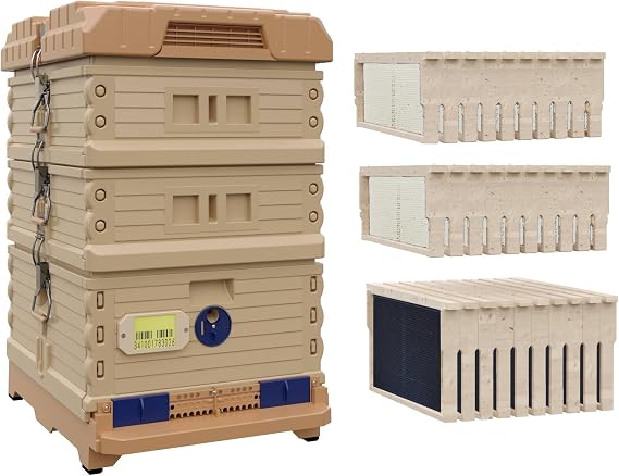 Apimaye New Bundle Ergo Insulated Honey Maker & 2 Medium Beehive Set with Wood Frame and Premier Double Wax Coated Foundation (3, Tan Body Blue Entrance)