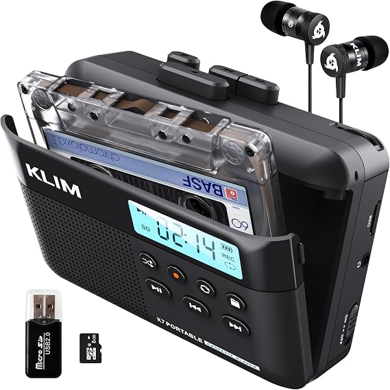 KLIM K7 Cassette Player - Cassette to Digital Converter - Portable Player with Built-in Microphone & Speaker - Rechargeable Battery - Earphones - 8GB SD Card - Black