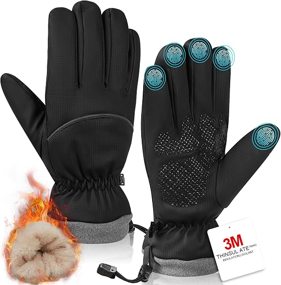 Winter Gloves for Men Women, Waterproof Windproof Anti-Slip 10 Fingers Touch Screen Gloves with Thermal Lining for Cold Weather Motorcycle Driving Cycling Skiing Snowboarding Walking
