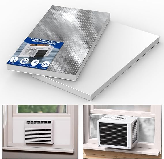 Window Air Conditioner Insulated Foam Panels with Aluminum Foil, Waterproof Window AC Surround Insulation Panel with Top Seal Strip for Indoor Window AC Unit, Reflected Sunlight & Heat