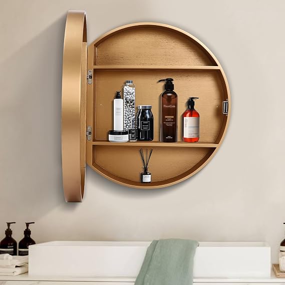 Round Medicine Cabinet 20Inch, Circular Wall Surface Mounted Bathroom Mirror Cabinet Wood Medicine Mirror with Storage,Gold