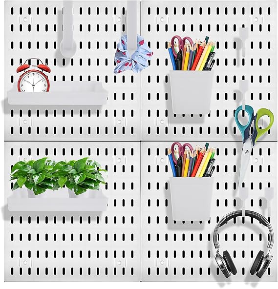 4PCS 30x30cm Pegboard Combination Kit, Wall Organiser Pegboard | White Plastic Peg Board Garage Wall Storage Pegboard with Accessories for Kitchen Home Tool Storage - 4 Panels of 30 x 30cm