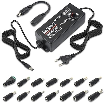 aceyoon Power Supply Adjustable DC 3V ~ 24V DC Power Supply 3V 5V 6V 9V 12V 15V 16V 18V 19V 20V 24V Universal DC Adapter 100V-240V ACDC Converter with 14 Tips, for Most Household Electronic Devices