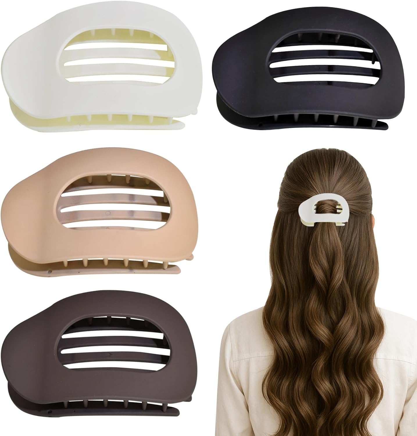 4 PCS Flat Hair Claw Clips, Round Flat Hair Clips Curved Design Flat-Claw Clip, Large Strong-Hold Claws for Thick Har Thin Thick Hairr Hairr Accessories f or Women and Girls