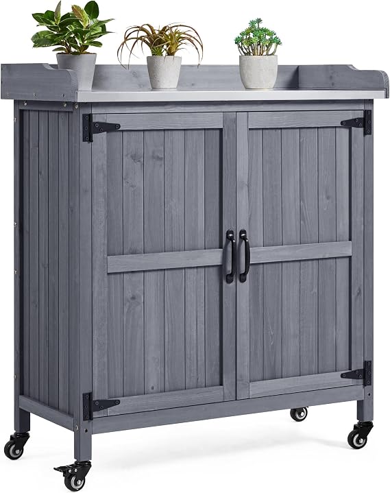 Topeakmart Potting Bench for Outside with Storage Cabinet & Metal Top,Gray