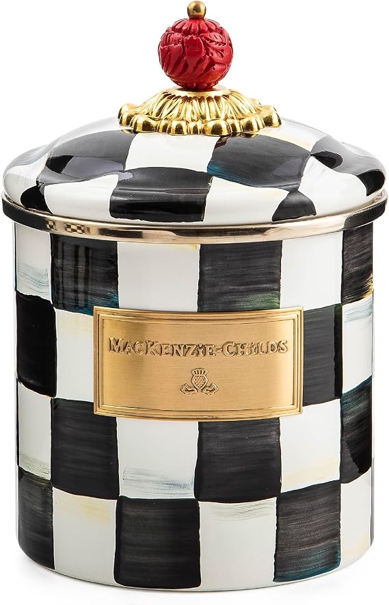 MACKENZIE-CHILDS Enamel Canister, Small, Black-and-White Courtly Check | Hand-painted design, made from enameled steel, versatile kitchen storage container for flour and sugar, 38-ounce capacity