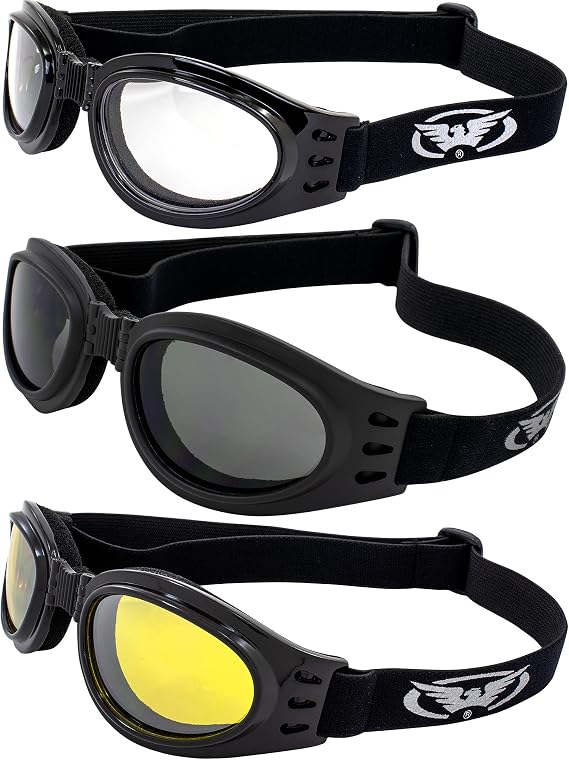 Global Vision 3 Burning Man Motorcycle Goggles That Fold for Easy Storage Clear Smoked Yellow Mirrored Burning Man