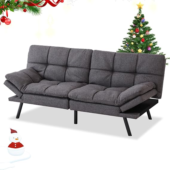 MUUEGM Convertible Memory Foam Futon Sofa Bed With Adjustable Backrest & Armrests - Modern Love Seat for Living Room, Office, Dormitory, Apartment (Linen Fabric, Dark Gray)