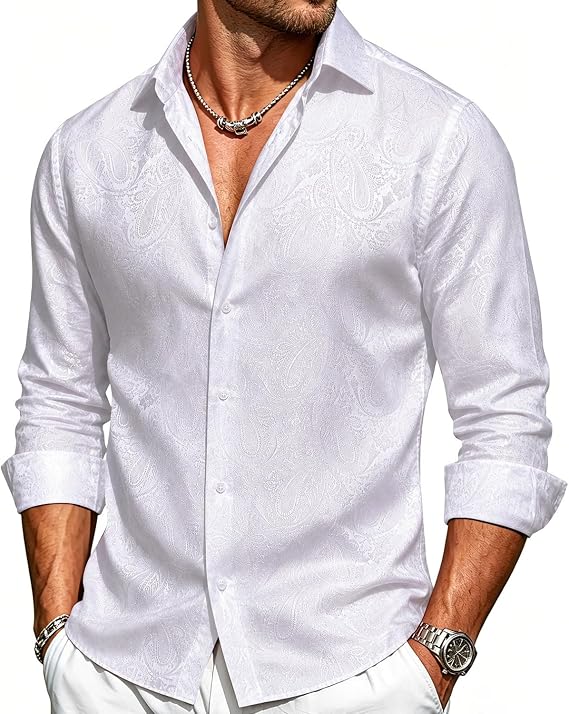 Hi-Tie Mens Paisley Long Sleeve Dress Shirt Silk Button Up Shirt