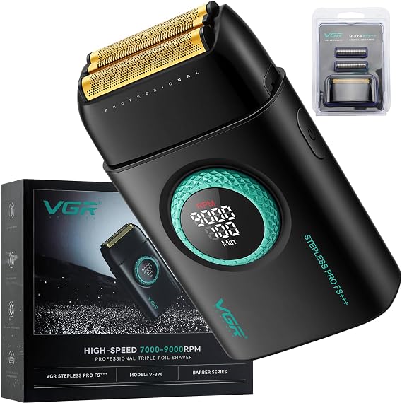 VGR 378 Electric Shavers for Men, Triple Floating Blade Foil Shaver Cordless Men's Electric Razor with Blade, 9000 RPM Motor Bald Shavers Titanium Foils with LED Display, Barber Supplies (Black)