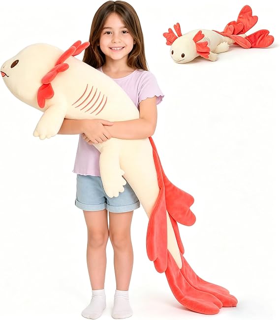 MaoGoLan Axolotl Plush Pillow, Giant Glow in The Dark Axolotl Stuffy Red | Axolotl Stuffed Animal, Long Pink Love Heart Salamander Plush Body Pillow for Girl Boy Kid Birthday Gift, Baby Shower Decor