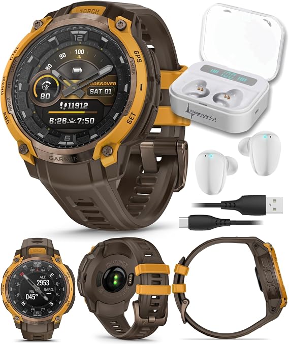 Garmin Instinct Crossover 1.2" AMOLED Sapphire Rugged Hybrid GPS Smartwatch, Analog Hands, Health & Wellness Monitoring, Sleep Tracking, Charcoal White Earbuds Bundle
