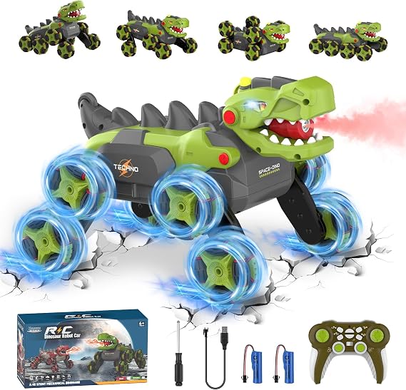 8 Wheels Dinosaur Transform RC Stunt Car - 2.4Ghz Remote Control Dinosaurs Monster Truck with Transforming & Spray & 360 Rotation, Dinosaur Toys for Kids 5-7 8-12, Boy Christmas Birthday Gift Age 4-6