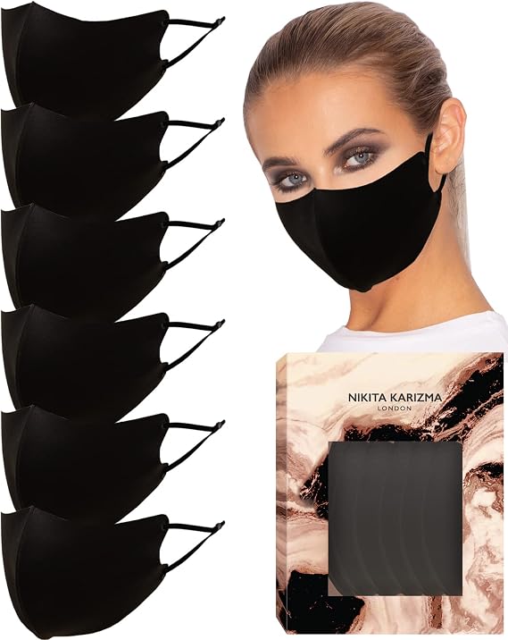 Face Wardrobe Cloth Face Mask for Women Pack. 6 Buttery Soft Black Face Masks Washable Fabric with Adjustable Ear Loops. Face Mask Reusable and Stretchy. Comfortable and Fresh Facemask