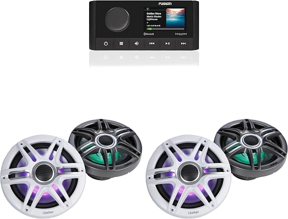 Fusion MS-RA210 Source Unit w/ (2 Pair) Clarion CMSP-771RGB-SWG Premium 7.7-inch Coaxial Marine Speakers with Built-in RGB Illumination (Includes White & Gray Sport Grilles)