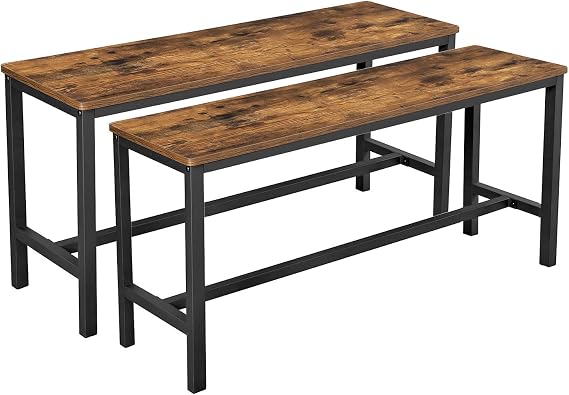 VASAGLE Dining Bench, Pair of 2, Industrial Style, Steel Frame, for Kitchen, Living Room, 12.8 x 42.5 x 19.7 Inches, Rustic Brown + Black,UKTB33X