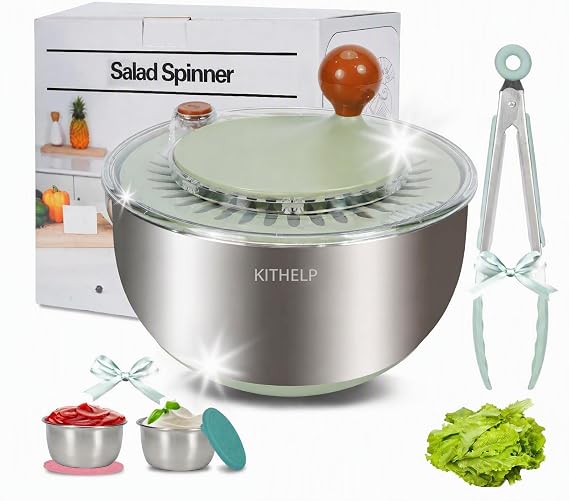 KITHELP Stainless Steel Salad Spinner Large, Vegetables Fruits Wash Bowl with Strainer, Lettuce Spinner Dryer for Efficient Salad Preparation 5.3Qt