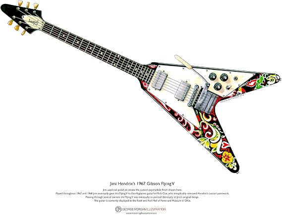 Jimi Hendrix’s 1967 Gibson Flying V Guitar Art Poster A3 Size
