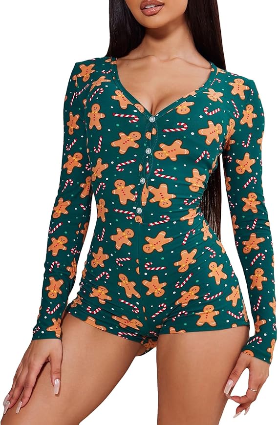 RUEWEY Women Christmas Pajamas Romper Bodycon Jumpsuit Long Sleeve V Neck Xmas One Piece Pjs Bodysuit Loungewear Sleepwear