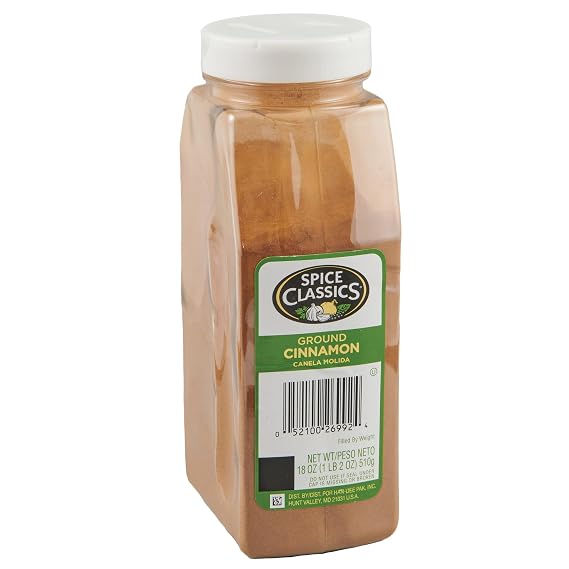 Spice Classics Ground Cinnamon, 18 oz - One 18 Ounce Container of Ground Cinnamon Powder, Perfect in Desserts, Hot Tea, Cider, Meat Rubs, and More