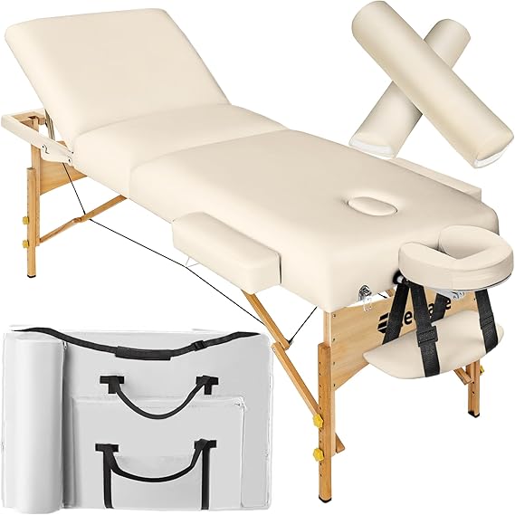 tectake Mobile Massage Table with 3 Zones Foldable with 7.5 cm Padding Maximum Load 250 kg Massage Bench with Accessories Bag Full and Half Roller Mobile Furniture for Massage - Beige