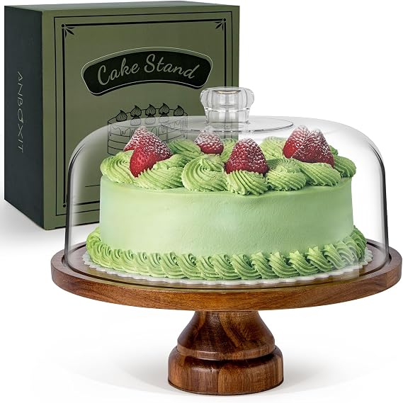 ANBOXIT Cake Stand with Dome Lid, Acacia Wood Cake Plate with Cover