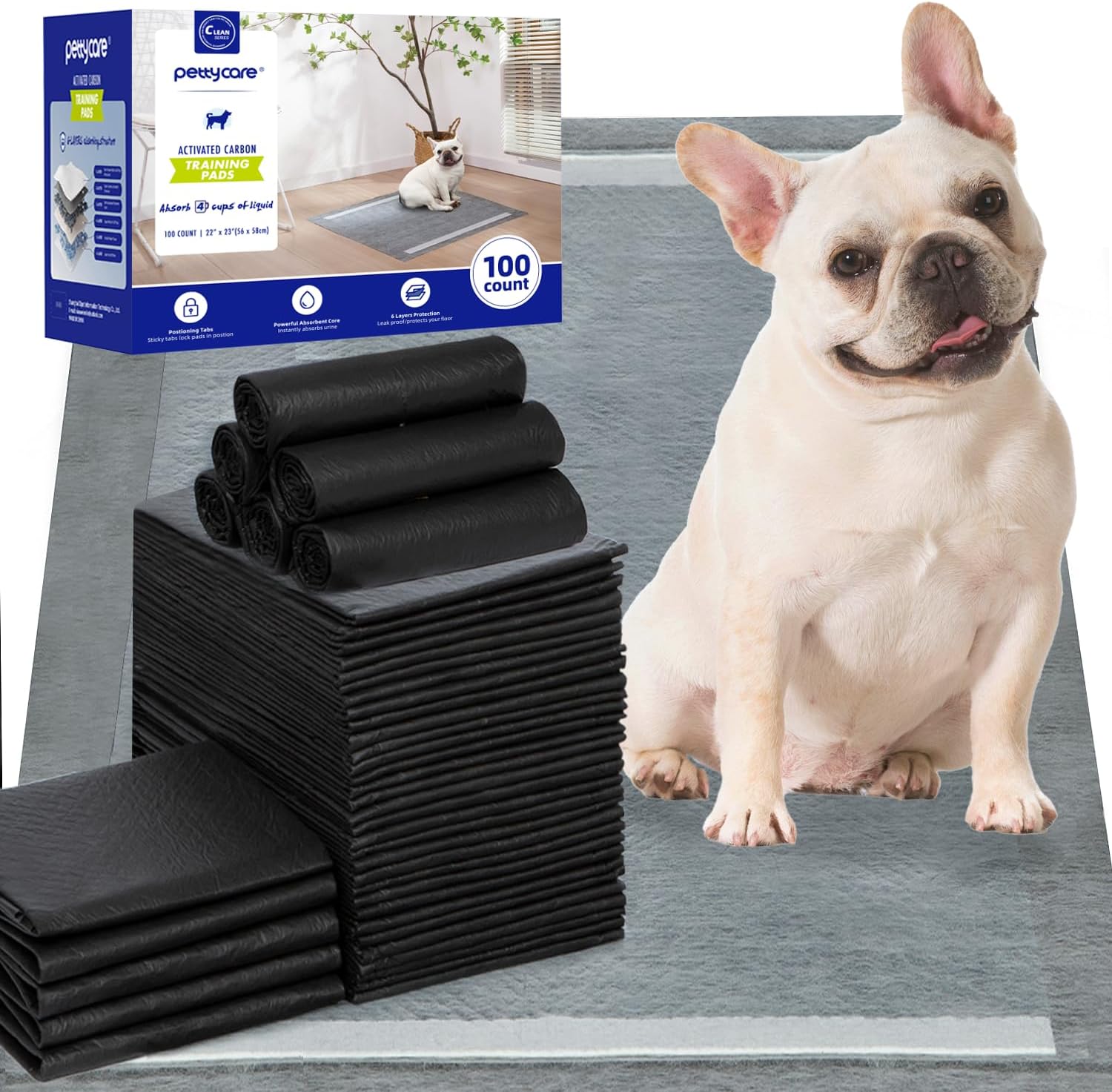 Pettycare Charcoal Puppy Pads Regular 22x23 100 Count, Leak-Proof Odor Control Thicken 6 Layers, Ultra Absorbent Quick Dry, Disposable Potty Training Pads with Anti-Slip Adhesive Sticky Tape