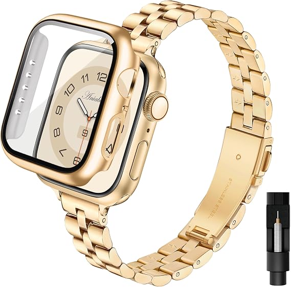 Compatible with Apple Watch Strap 40 mm with Protective Case Stainless Steel Metal iWatch Bracelet Women with Case for Apple Watch SE 3 2 1 Series 6 5 4 40 mm Jewellery for Women (Gold)