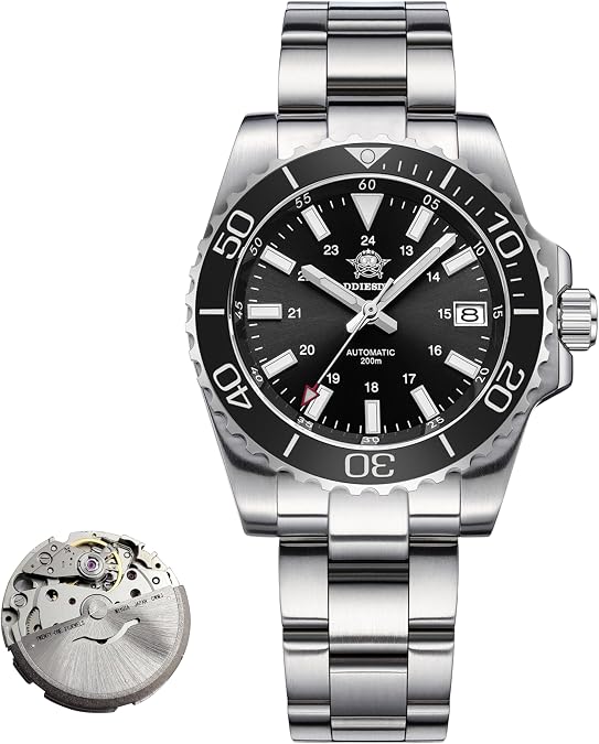 ADDIESDIVE Men's Automatic Dive Watch Sunray Brushed Dial 200M Waterproof Synthetic Sapphire Super Luminous Stainless Steel Diving Watch for Outdoor