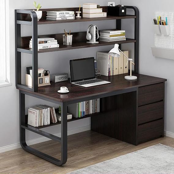 Computer Desk with Cabinet and Bookshelf, Home Office Desk with 3 Drawers, Industrial Work Desk, Workstation for Home and Office (47 Inch, Black Walnut)