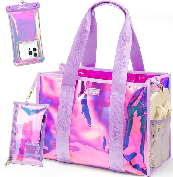 Bagstellar Iridescent Beach Bag, Jelly Tote Bag with Phone Pouch Makeup Bag | Large Beach Bags Waterproof Sandproof, Zipper Beach Tote Clear Pool Swim Boat Bag for Women Summer Travel Cruise Essentials