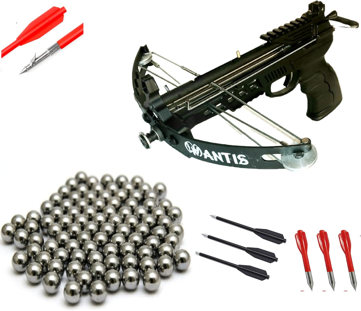 60lbs Mantis Compound Pistol Crossbow. Shoots Steel Balls and Regular Arrows. Featuring Fishing Spool and 15 Ball Magazine