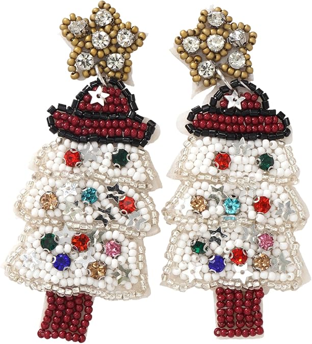 Christmas Tree Colorful Seed Bead Earrings for Women, Festive Dangling Drop Trendy Large Big Cute Handmade Statement Jewelry, Daily Vacation Party Holiday Friend Gift