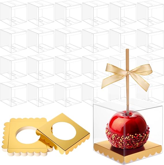 Weysat 50 Pcs Candy Apple Boxes, Gold Base Clear PET with Hole Top