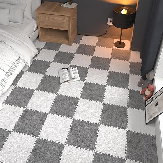 10Pack Plush EVA Foam Floor Mat Square Interlocking Carpet Tiles 12''x12'' Puzzle Play Mat Soft Climbing Area Rugs for Living Room Floor Gym Area (White Grey,0.4'' Thick)