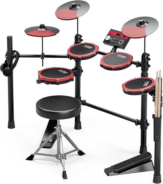 UMOMO Mesh Electronic Drum Set for Beginner, 7-Piece Electric Kit with 225 Sounds, 15 Kits, 3 X 10" Cymbals, 4 Mesh Pads, Supports Sensitivity Adjustment, Sticks, Headphones & Cables, Red & Black
