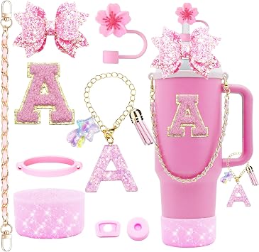 9PCS Bling Stanley Cup Accessories for 30oz & 40oz Tumbler with handle,Including Initials Charms,Leather Handle Strap,Straw Bow Decorate,Straw Topper Cover,Boot,Spill Proof Stoppers,Sticker(Pink A)