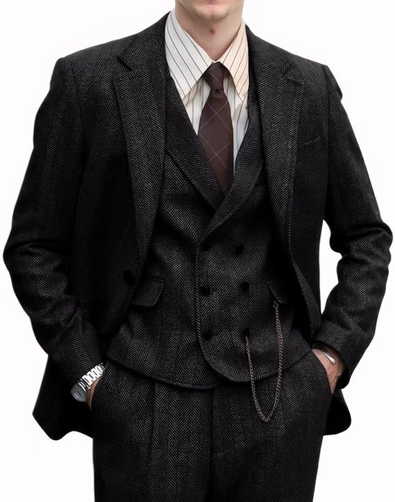 Retro 3 Pieces Men Suit Tweed Herringbone Wedding Prom Tuxedo Men