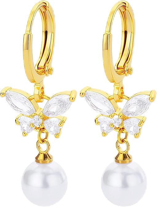 Gold Hoop Pearl Earrings for Women Trendy,14K Gold Plated Charms Butterfly Dangle Earrings,Bridal Bridesmaid Jewelry Gifts for Women