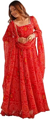 Shiv Collection Indian Style Pure Soft Chiffon Bandhej Fully Flair Gown Set for Women ready to wear