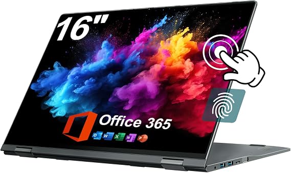 jumper 16 inch Laptop Computer, Convertible Laptop with Quad Core, 16GB RAM 640GB Storage, 360 Degree Touchscreen, Backlit Keyboard, Fingerprint Reader, 1 Year Office 365, WiFi 6
